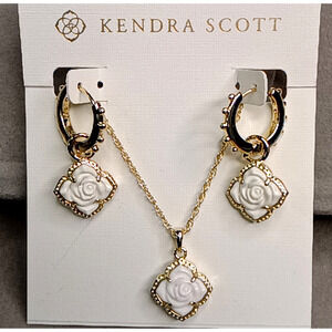 Kendra Scott Mallory Rose Huggie Hoop Earrings & Matching Necklace – Gold / Whit